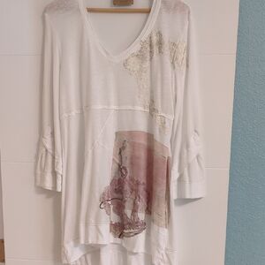 Elisa Cavaletti Boho White&Pink LinenTunic Top Abstract Design Art To Wear Sz L